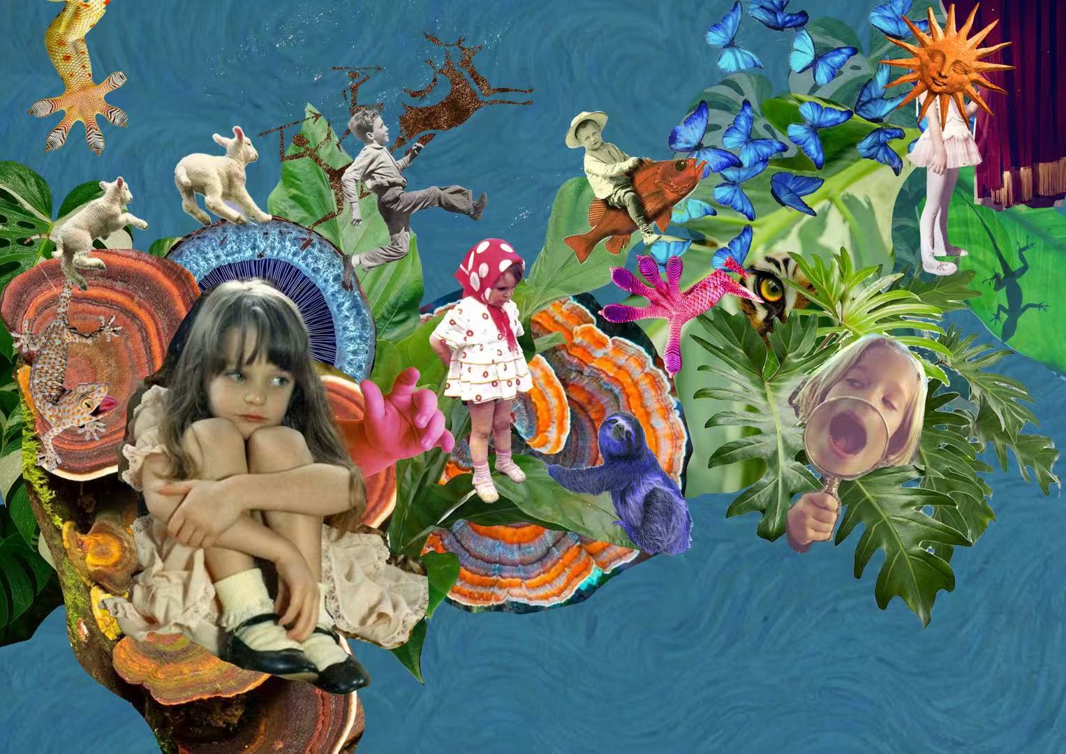 Two-dimensional collage exploring childhood, nature, animals, and memory