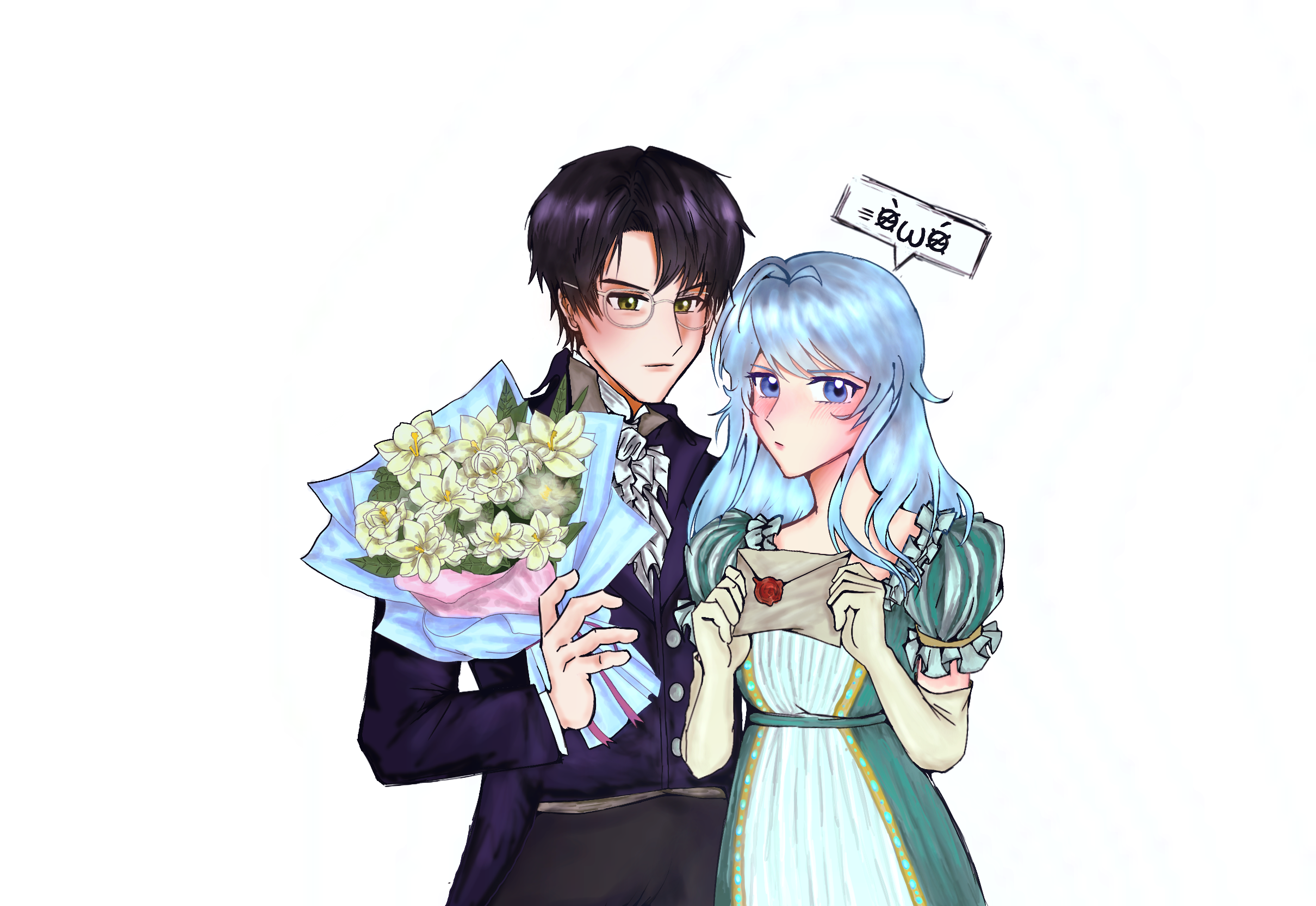 Commissioned illustration for a friend featuring clothing inspired by the Regency setting of Pride and Prejudice